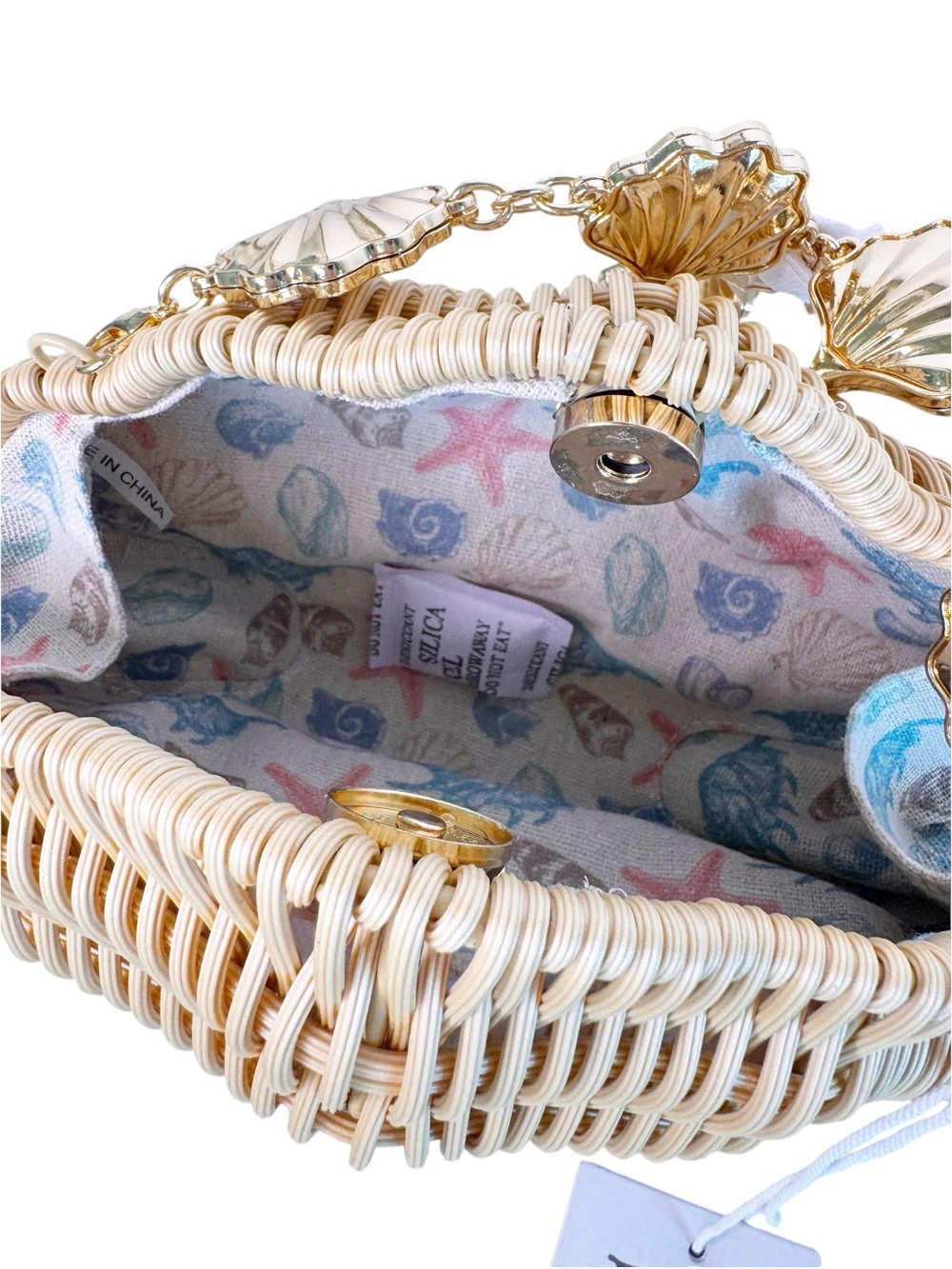 HAUTE HIPPIE NWT Woven Seashell Hand Bag w Gold Seashell Chain - Picture 5 of 13